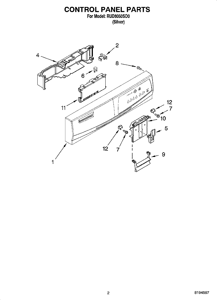 CONTROL PANEL PARTS Diagram and Parts List for RUD8050SD0  Roper Dishwasher