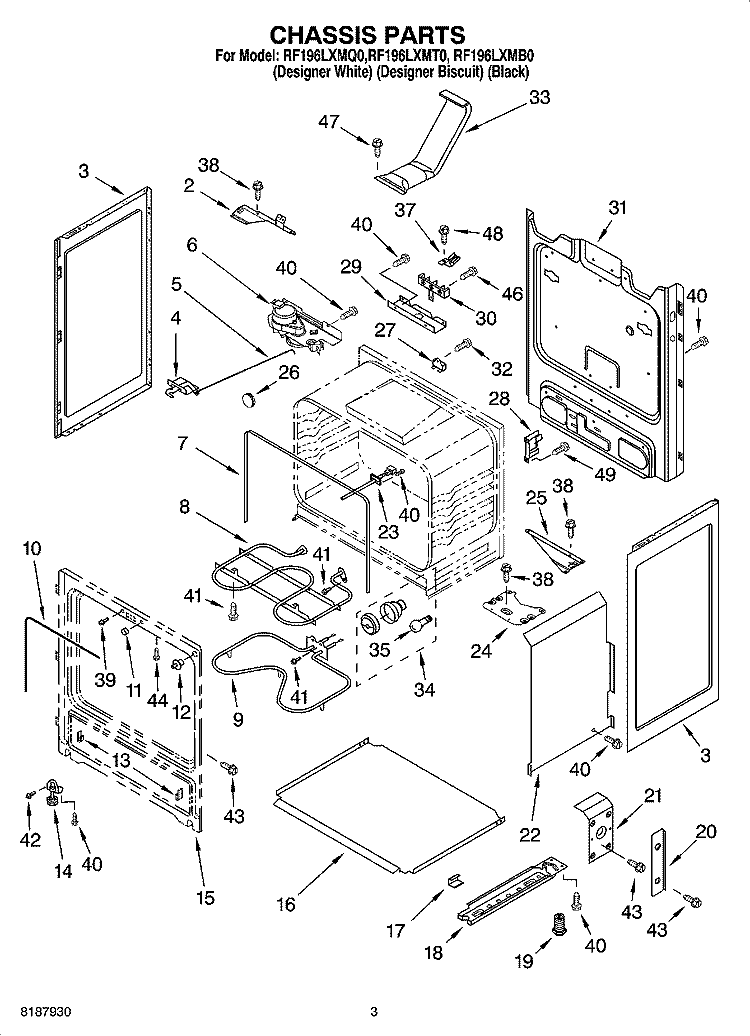 CHASSIS PARTS Diagram and Parts List for RF196LXMB0  Whirlpool Range