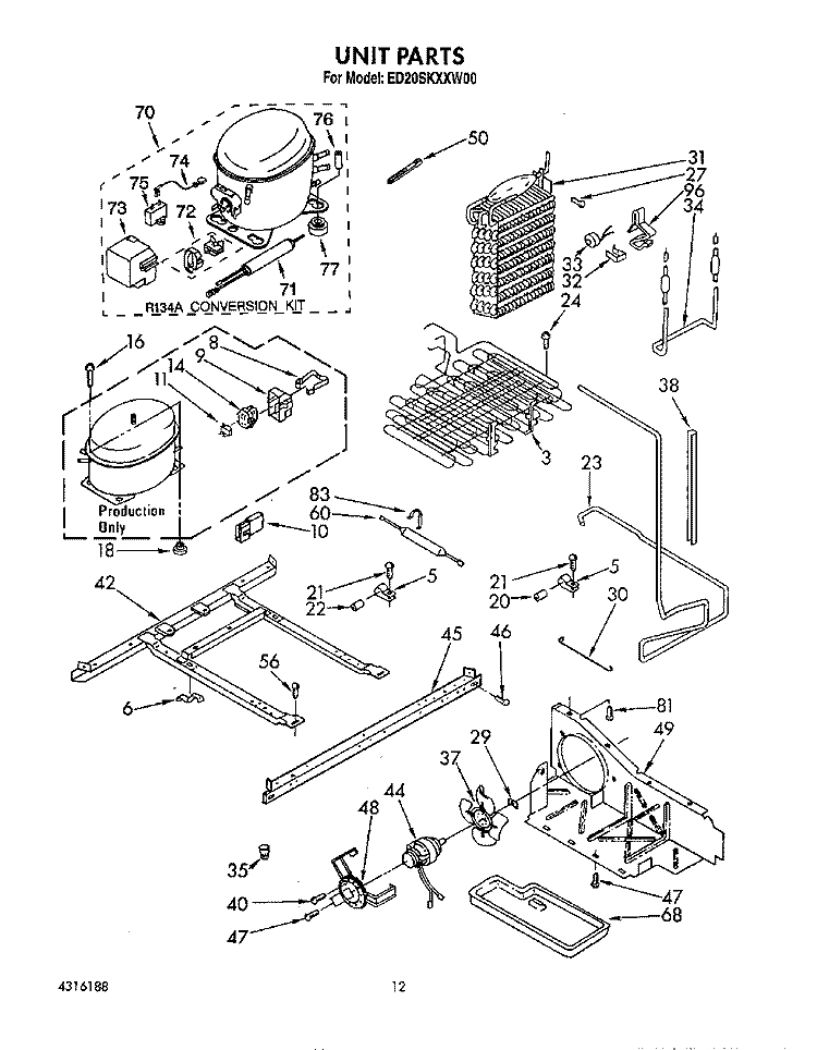UNIT Diagram and Parts List for ED20SKXXW00  Whirlpool Refrigerator