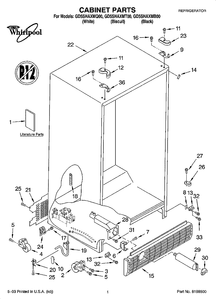 CABINET PARTS Diagram and Parts List for GD5SHAXMT00  Whirlpool Refrigerator