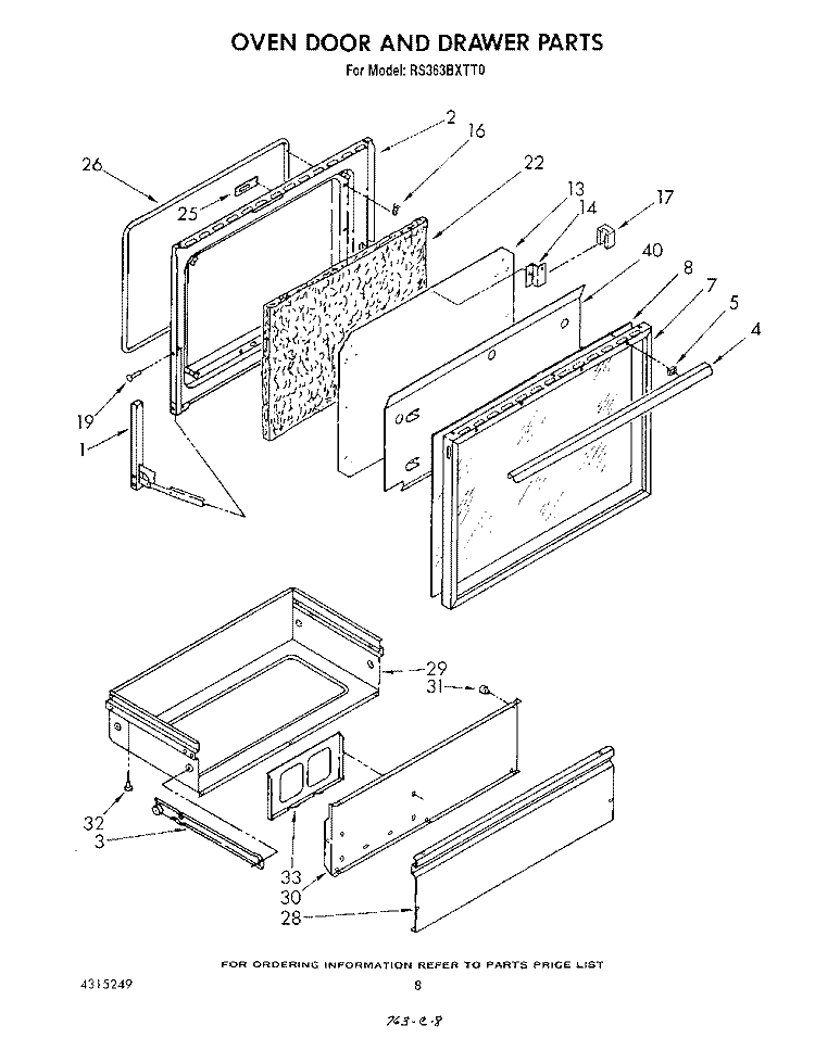 OVEN DOOR AND DRAWER Diagram and Parts List for RS363BXTT0  Whirlpool Range