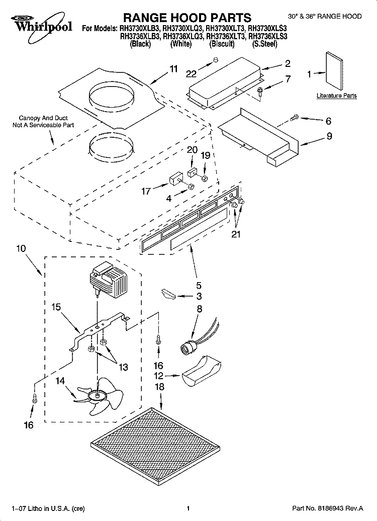 RANGE HOOD PARTS Diagram and Parts List for RH3736XLQ3  Whirlpool Range Hood