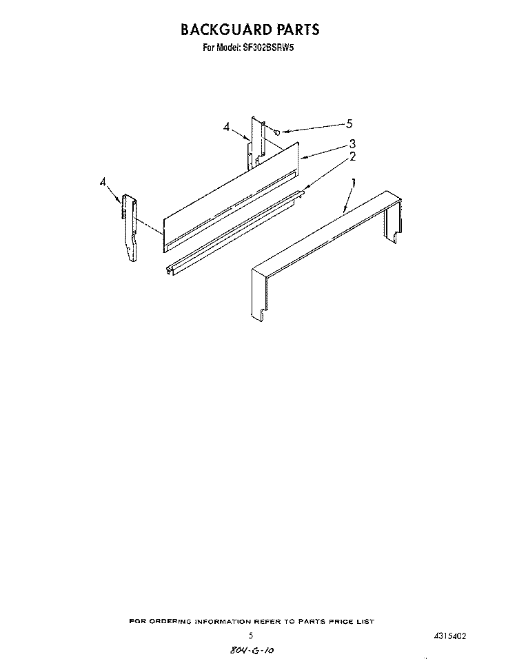 BACKGUARD Diagram and Parts List for SF302BSRW5  Whirlpool Range