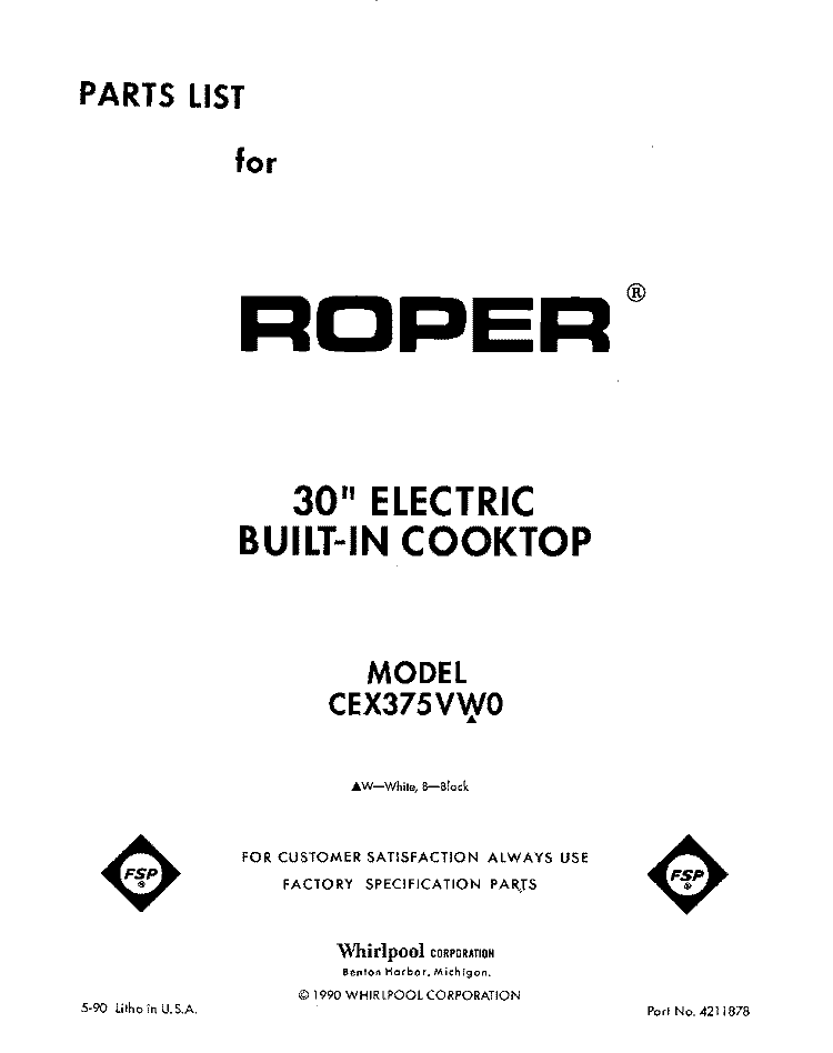 SECTION Diagram and Parts List for CEX375VW0  Roper Range