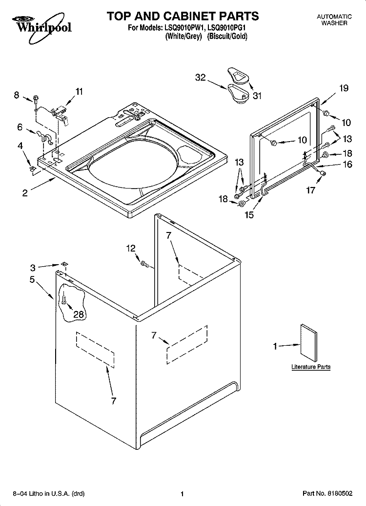 TOP AND CABINET PARTS Diagram and Parts List for LSQ9010PG1  Whirlpool Washer