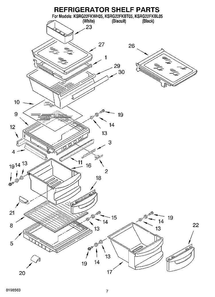 REFRIGERATOR SHELF PARTS Diagram and Parts List for KSRG22FKBL05  KitchenAid Refrigerator