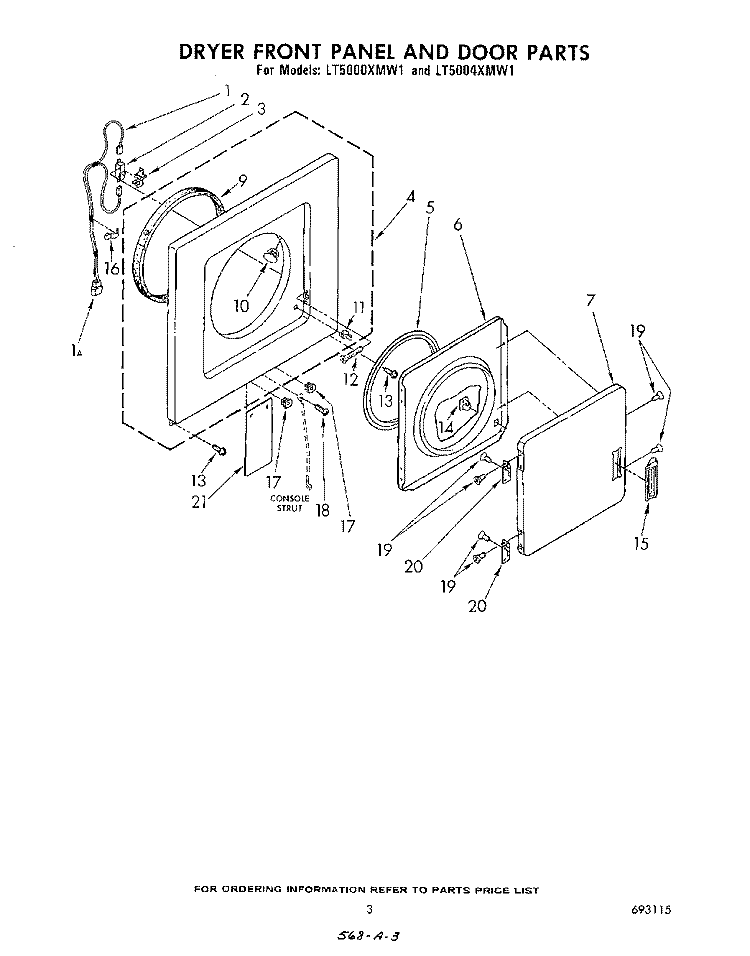 DRYER FRONT PANEL AND DOOR Diagram and Parts List for LT5000XMW1  Whirlpool Washer Dryer Combo