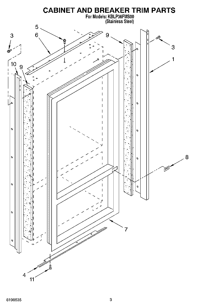 CABINET AND BREAKER TRIM PARTS Diagram and Parts List for KBLP36FMS00  KitchenAid Refrigerator