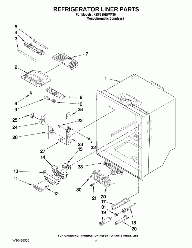REFRIGERATOR LINER PARTS Diagram and Parts List for KBFS25EWMS5  KitchenAid Refrigerator