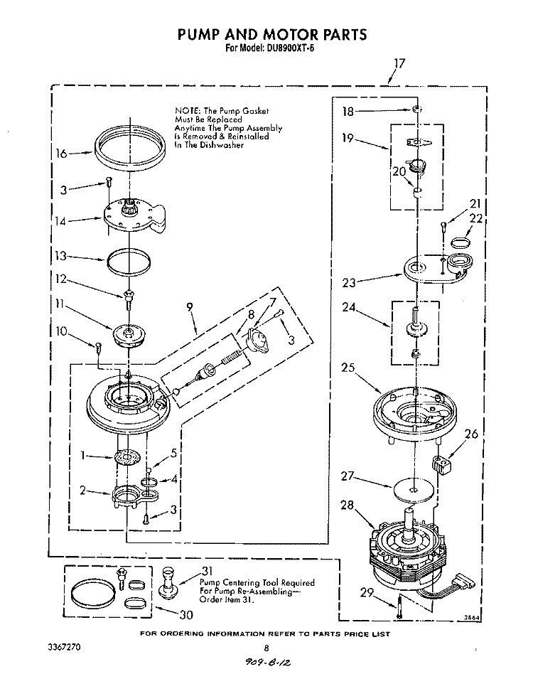 PUMP AND MOTOR Diagram and Parts List for DU8900XT6  Whirlpool Dishwasher