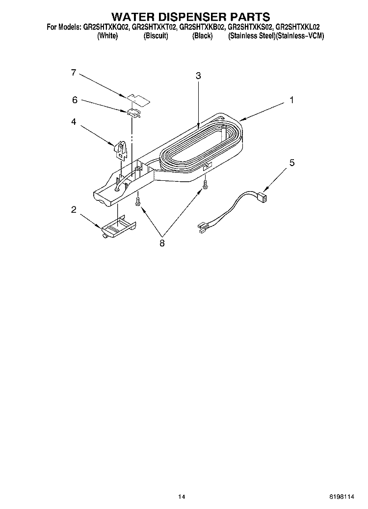 WATER DISPENSER, OPTIONAL Diagram and Parts List for GR2SHTXKL02  Whirlpool Refrigerator