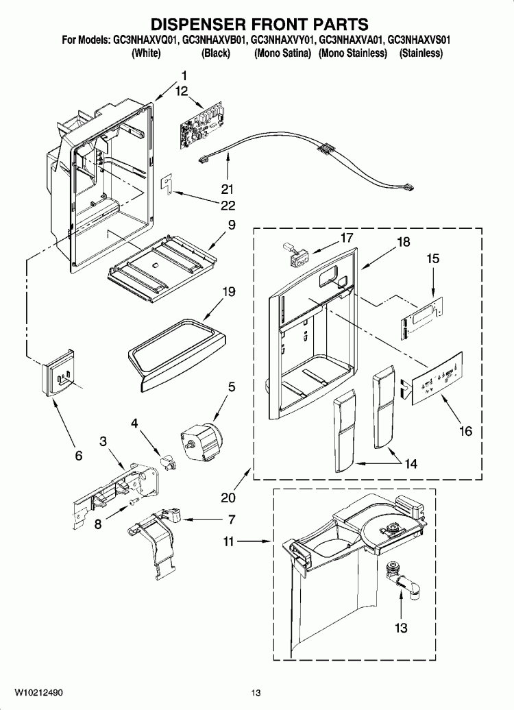 DISPENSER FRONT PARTS Diagram and Parts List for GC3NHAXVA01  Whirlpool Refrigerator
