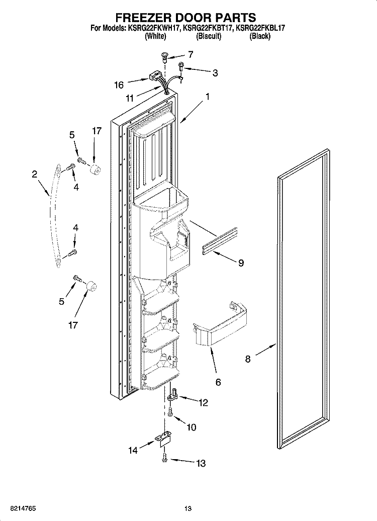 FREEZER DOOR PARTS Diagram and Parts List for KSRG22FKBL17  KitchenAid Refrigerator