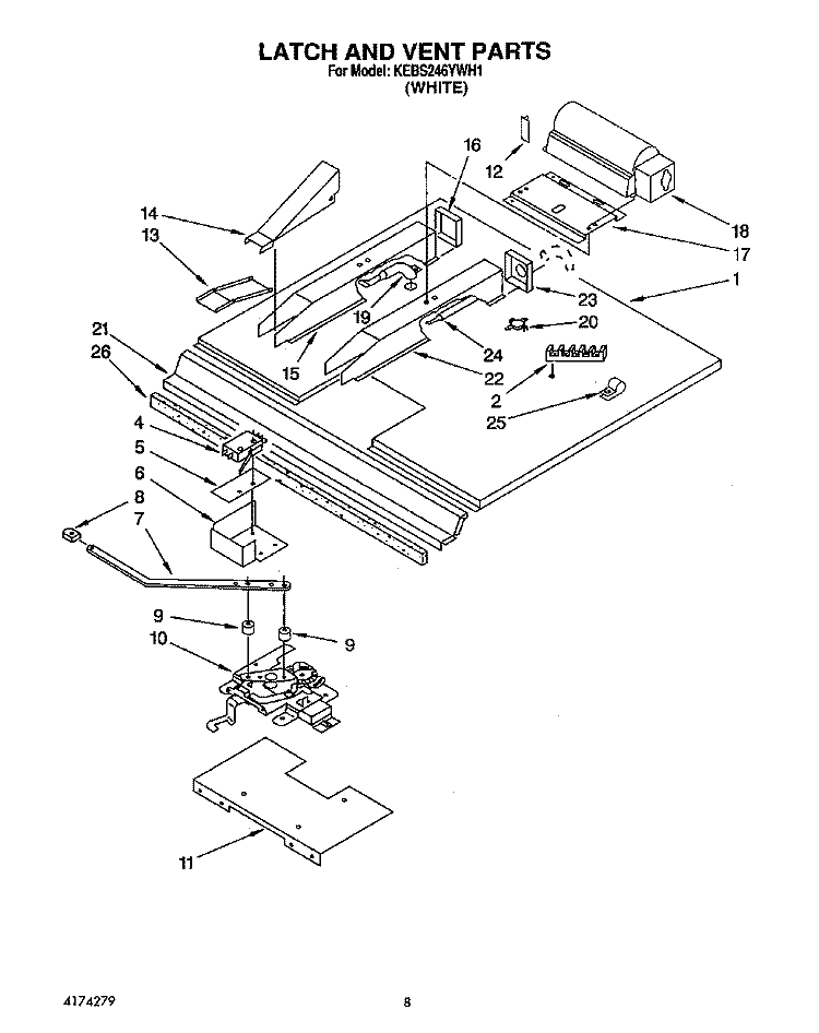 LATCH AND VENT Diagram and Parts List for KEBS246YWH1  KitchenAid Wall Oven