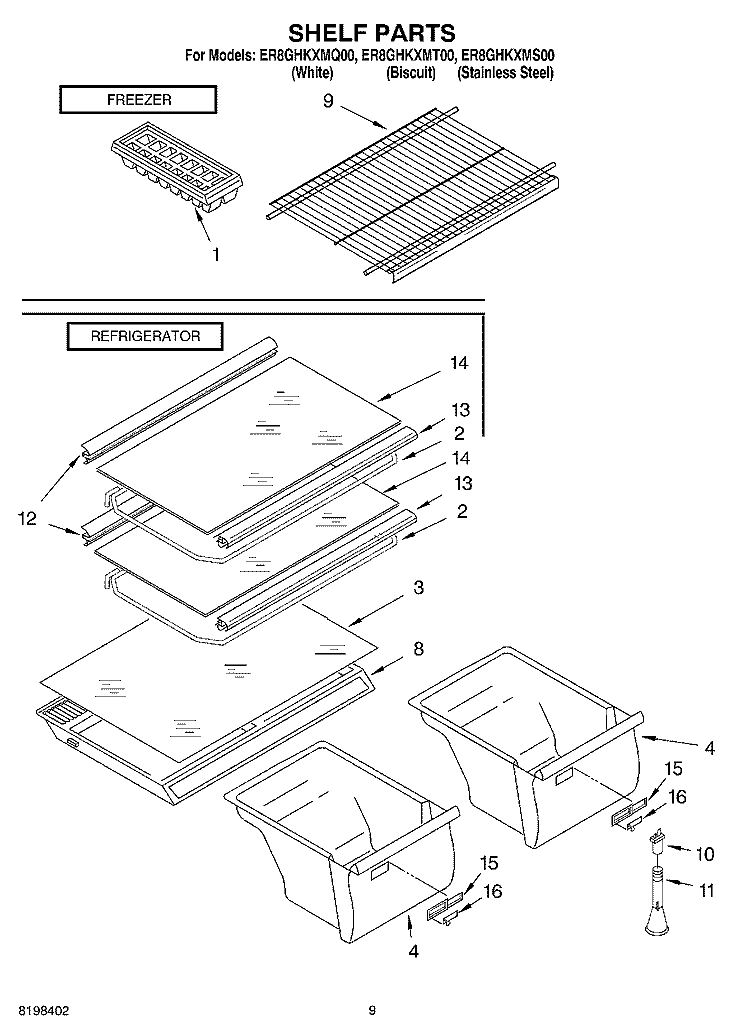SHELF PARTS, OPTIONAL PARTS Diagram and Parts List for ER8GHKXMT00  Whirlpool Refrigerator