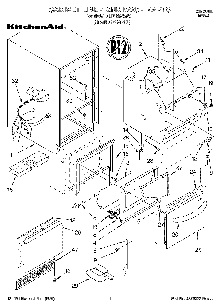 CABINET LINER AND DOOR, LIT/OPTIONAL Diagram and Parts List for KUIS185GSS0  KitchenAid Ice Maker
