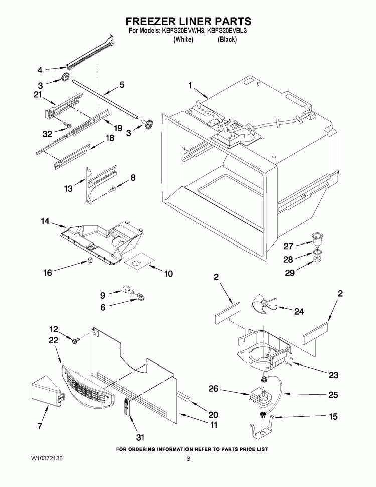 FREEZER LINER PARTS Diagram and Parts List for KBFS20EVBL3  KitchenAid Refrigerator