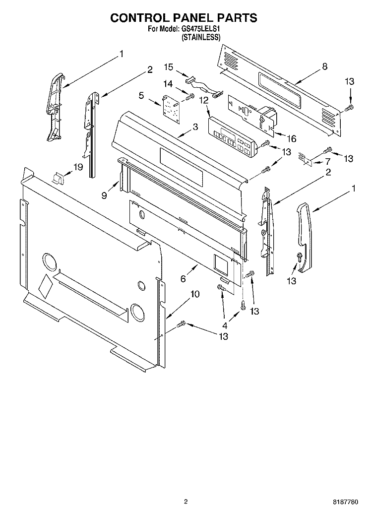 CONTROL PANEL PARTS Diagram and Parts List for GS475LELS1  Whirlpool Range