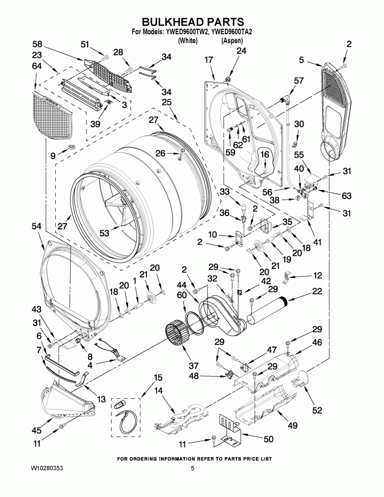 BULKHEAD PARTS Diagram and Parts List for YWED9600TA2  Whirlpool Dryer