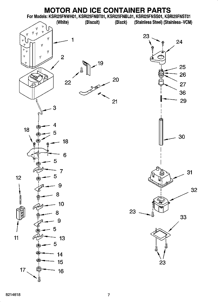 MOTOR AND ICE CONTAINER PARTS Diagram and Parts List for KSRI25FNSS01  KitchenAid Refrigerator