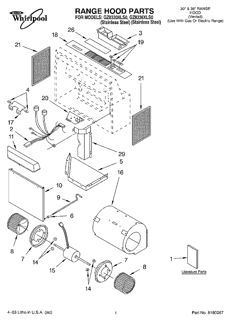 RANGE HOOD PARTS Diagram and Parts List for GZ8336XLS0  Whirlpool Range Hood