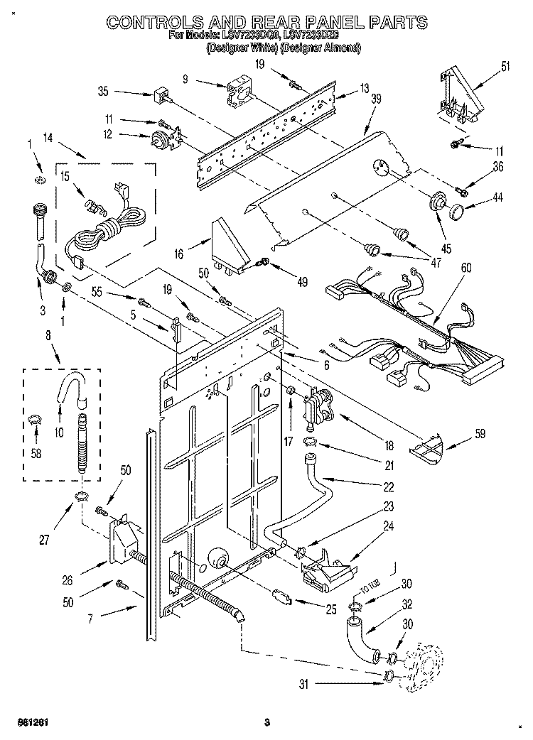 CONTROLS AND REAR PANEL Diagram and Parts List for LSV7233DZ0  Whirlpool Washer