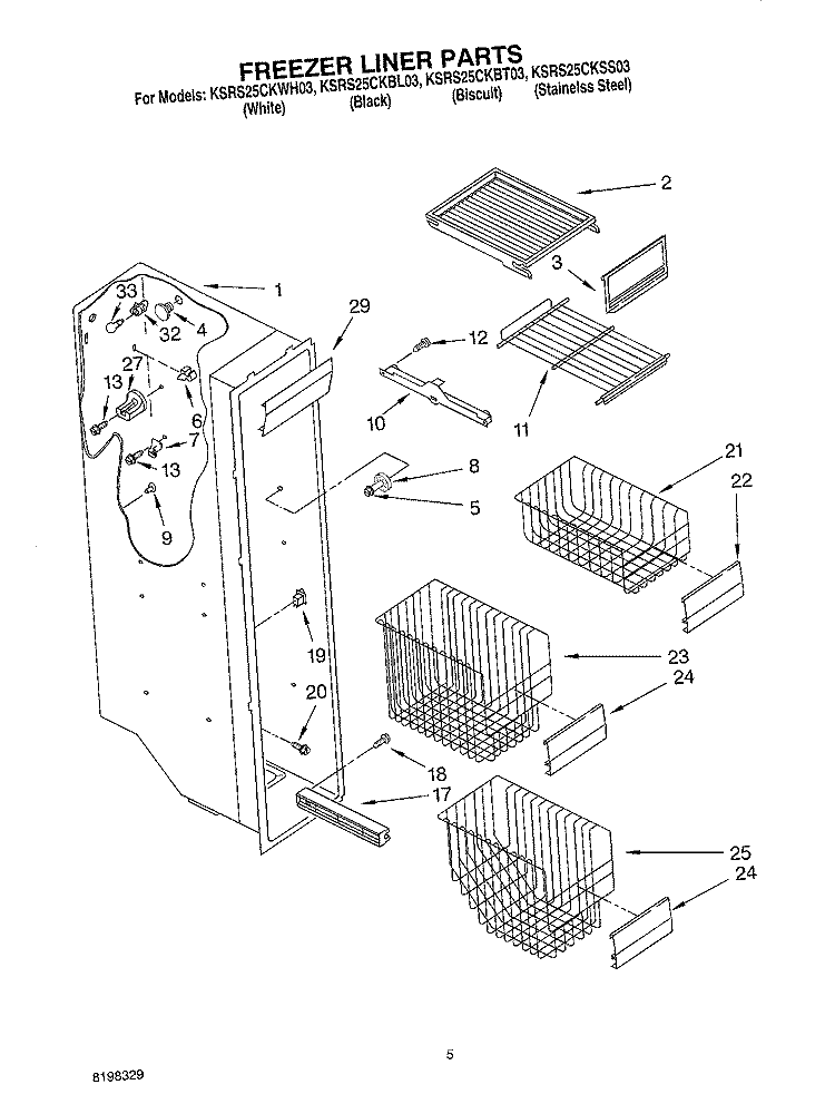 FREEZER LINER PARTS Diagram and Parts List for KSRS25CKWH03  KitchenAid Refrigerator