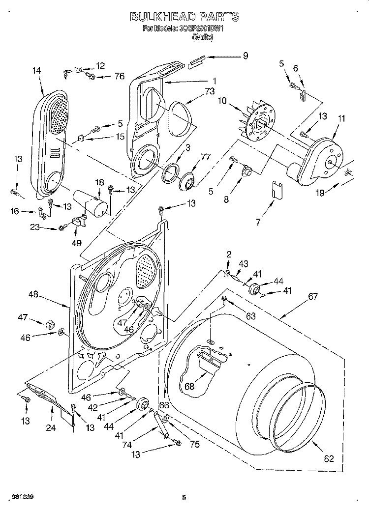 BULKHEAD Diagram and Parts List for 3CGP2901DW1  Whirlpool Dryer