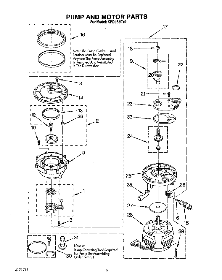 PUMP AND MOTOR Diagram and Parts List for KPDJ630Y0  KitchenAid Dishwasher