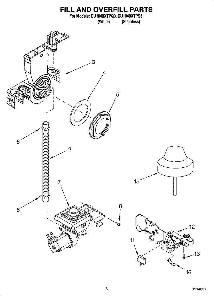 FILL AND OVERFILL PARTS Diagram and Parts List for DU1048XTPS3  Whirlpool Dishwasher