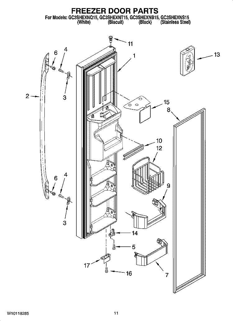 FREEZER DOOR PARTS Diagram and Parts List for GC3SHEXNS15  Whirlpool Refrigerator