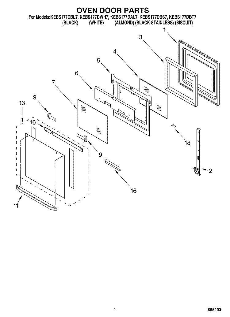 OVEN DOOR PARTS Diagram and Parts List for KEBS177DWH7  KitchenAid Wall Oven