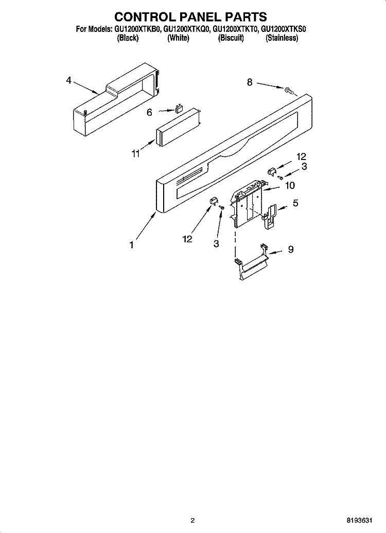 CONTROL PANEL PARTS Diagram and Parts List for GU1200XTKT0  Whirlpool Dishwasher