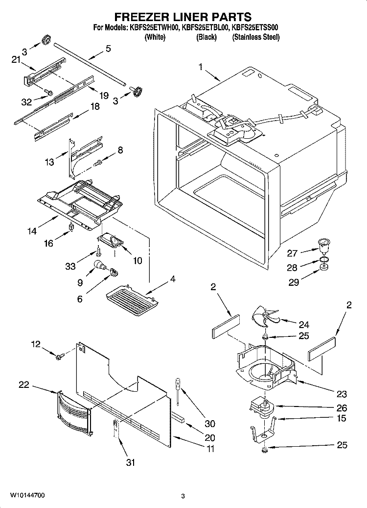 FREEZER LINER PARTS Diagram and Parts List for KBFS25ETSS00  KitchenAid Refrigerator