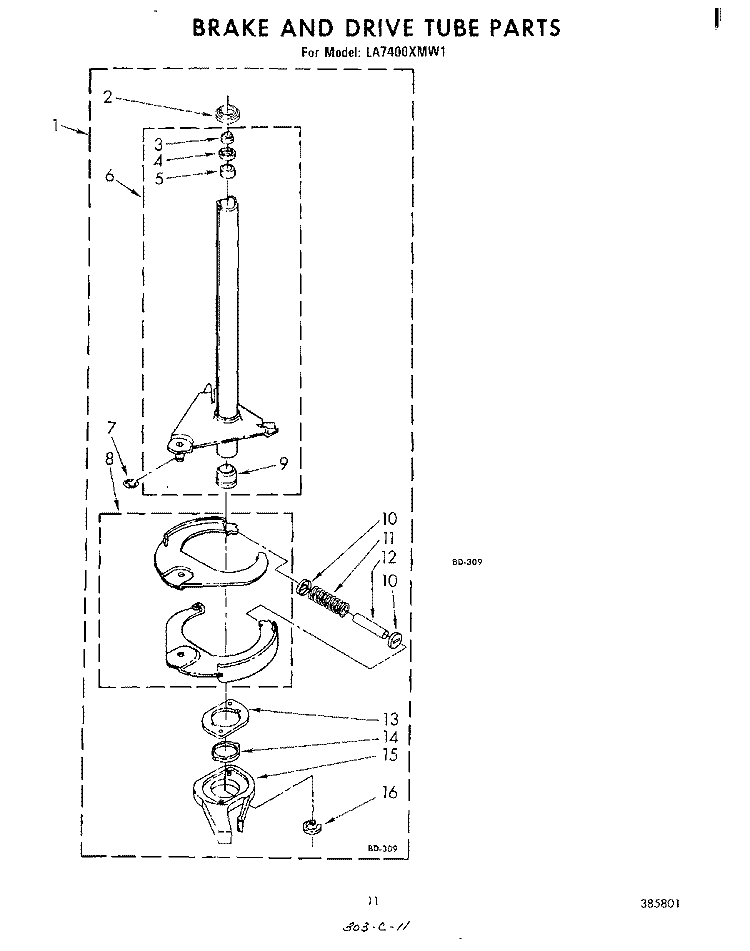 BRAKE AND DRIVE TUBE Diagram and Parts List for LA7400XMW1  Whirlpool Washer
