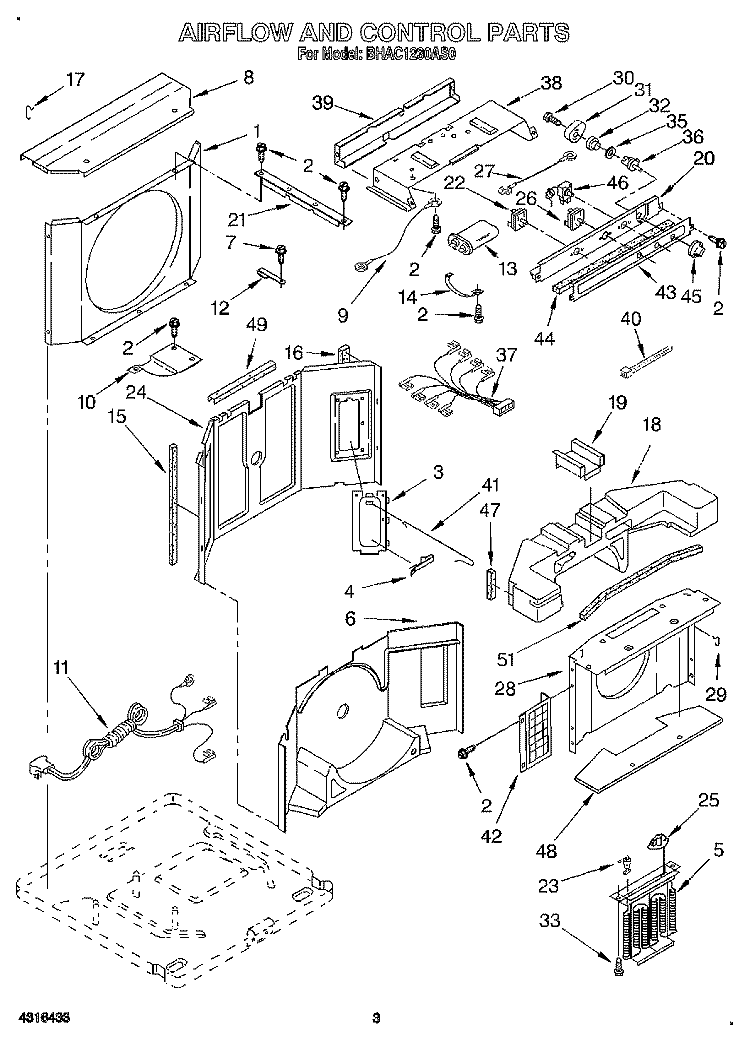 AIRFLOW AND CONTROL Diagram and Parts List for BHAC1230AS0  Whirlpool Air Conditioner