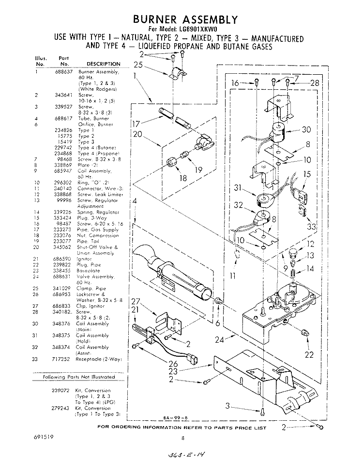 688637 BURNER Diagram and Parts List for LG6901XKW0  Whirlpool Dryer