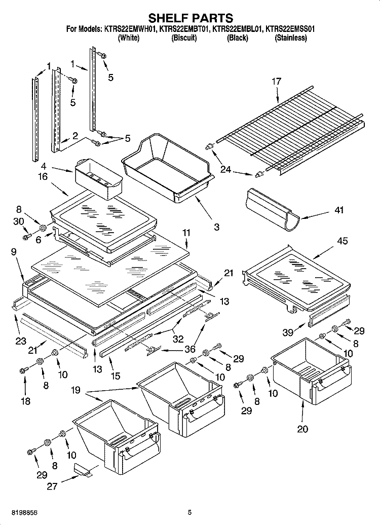 SHELF PARTS Diagram and Parts List for KTRS22EMWH01  KitchenAid Refrigerator