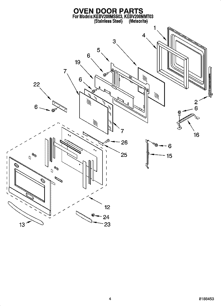 OVEN DOOR PARTS Diagram and Parts List for KEBV208MSS03  KitchenAid Wall Oven