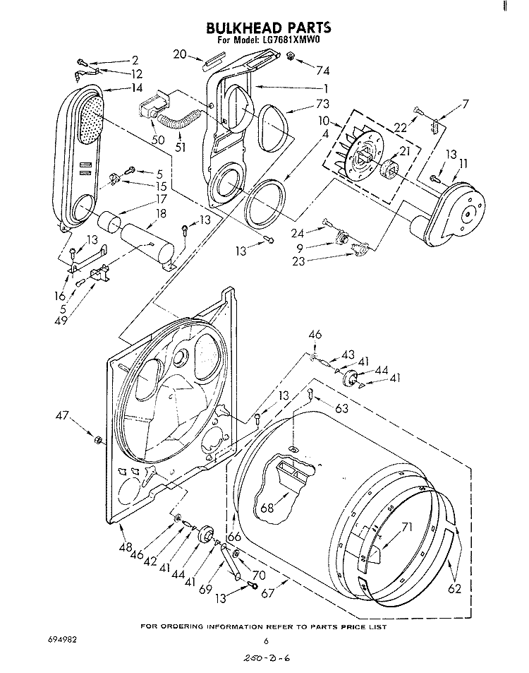 BULKHEAD Diagram and Parts List for LG7681XMW0  Whirlpool Dryer