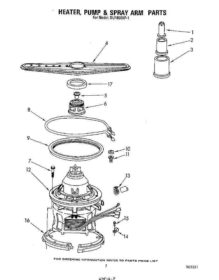 HEATER, PUMP AND SPRAY ARM Diagram and Parts List for DU1800XP1  Whirlpool Dishwasher