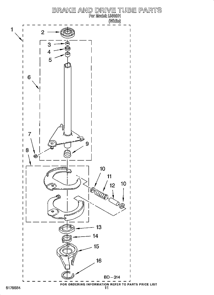 BRAKE AND DRIVE TUBE PARTS Diagram and Parts List for IJ40001  Inglis Washer