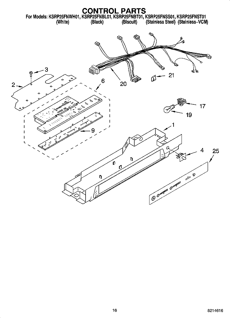 CONTROL PARTS Diagram and Parts List for KSRP25FNBL01  KitchenAid Refrigerator