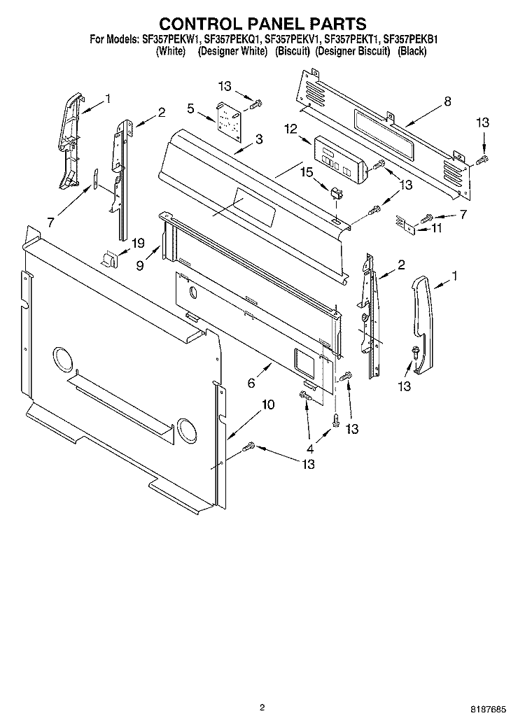 CONTROL PANEL Diagram and Parts List for SF357PEKT1  Whirlpool Range
