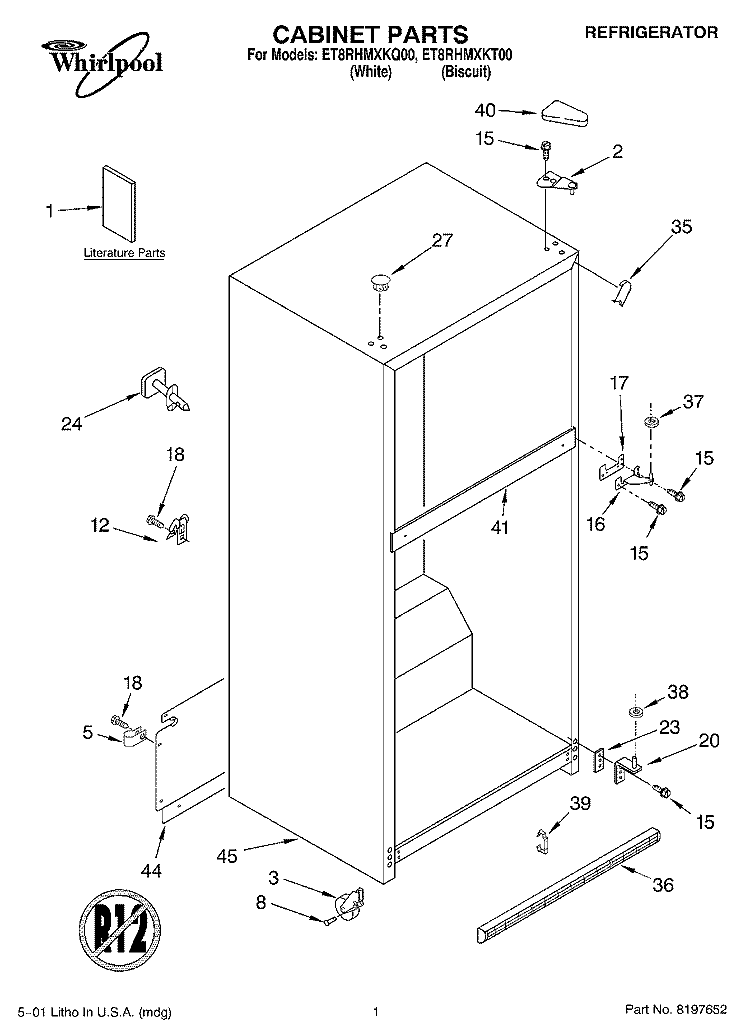 CABINET, LITERATURE Diagram and Parts List for ET8RHMXKT00  Whirlpool Refrigerator