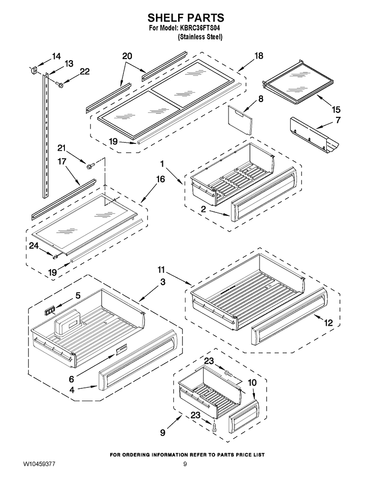 SHELF PARTS Diagram and Parts List for KBRC36FTS04  KitchenAid Refrigerator
