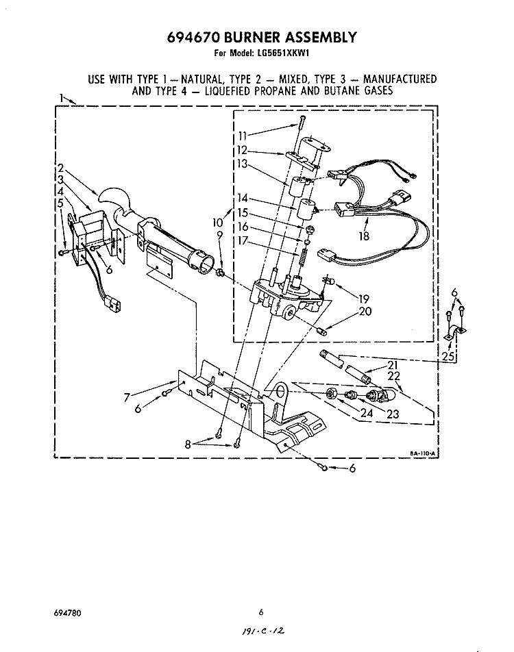 694670 BURNER Diagram and Parts List for LG5651XKW1  Whirlpool Dryer