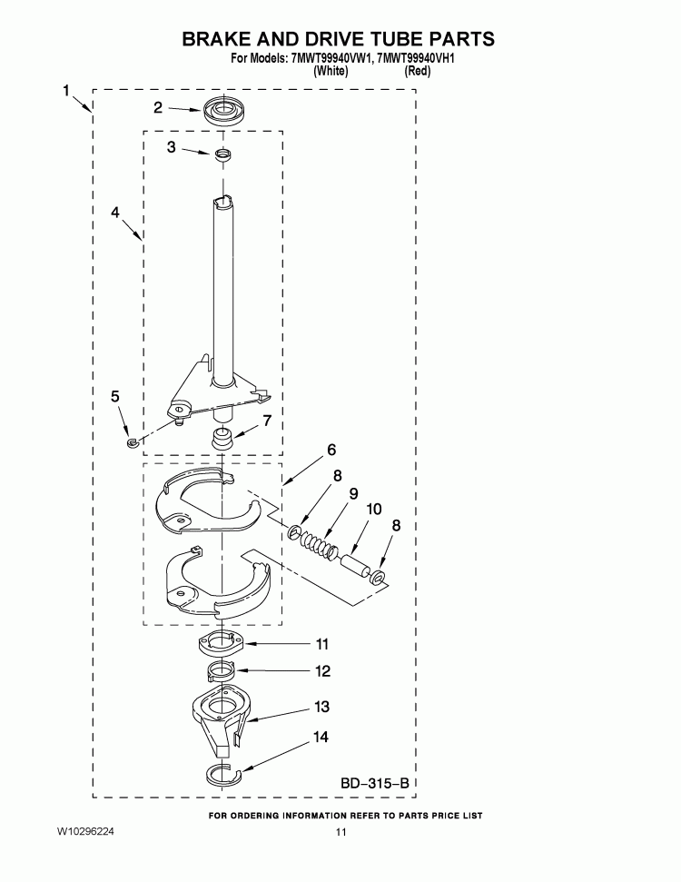 BRAKE AND DRIVE TUBE PARTS Diagram and Parts List for 7MWT99940VW1  Whirlpool Washer