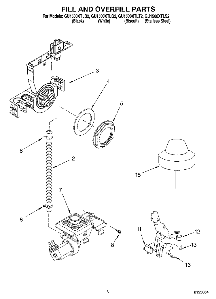 FILL AND OVERFILL PARTS Diagram and Parts List for GU1500XTLQ2  Whirlpool Dishwasher