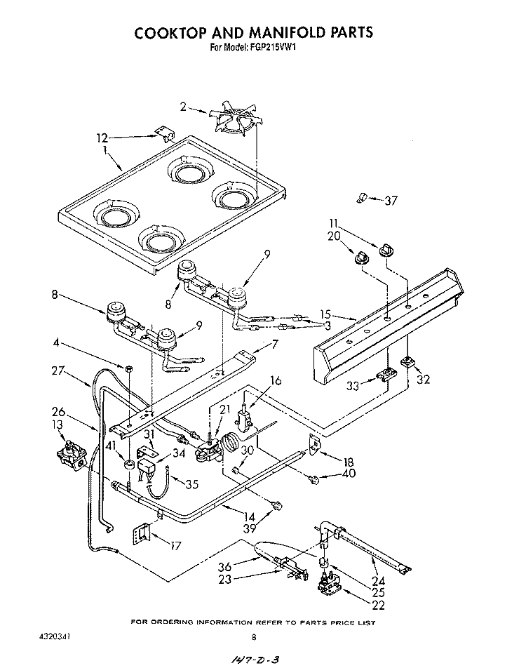 COOKTOP AND MANIFOLD , LIT/OPTIONAL Diagram and Parts List for FGP215VW1  Roper Range